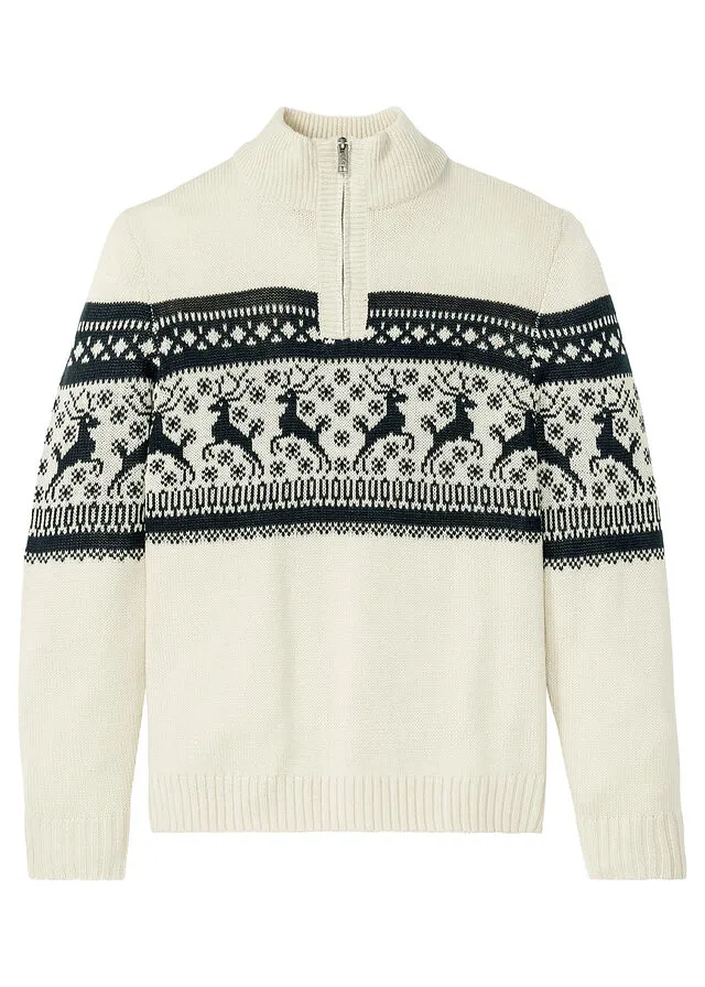 Jersey con cuello troyer y patrón nórdico Crudo estampado