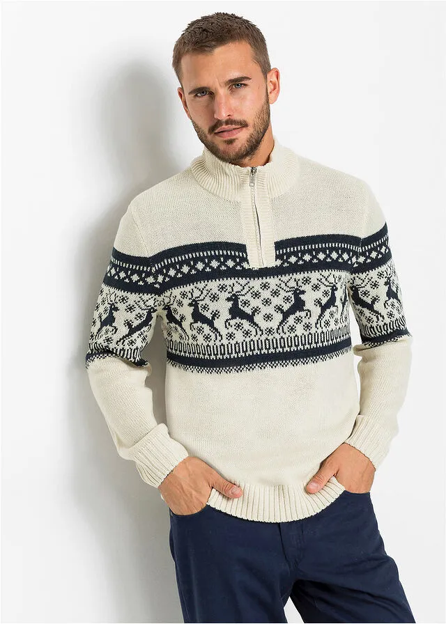 Jersey con cuello troyer y patrón nórdico Crudo estampado