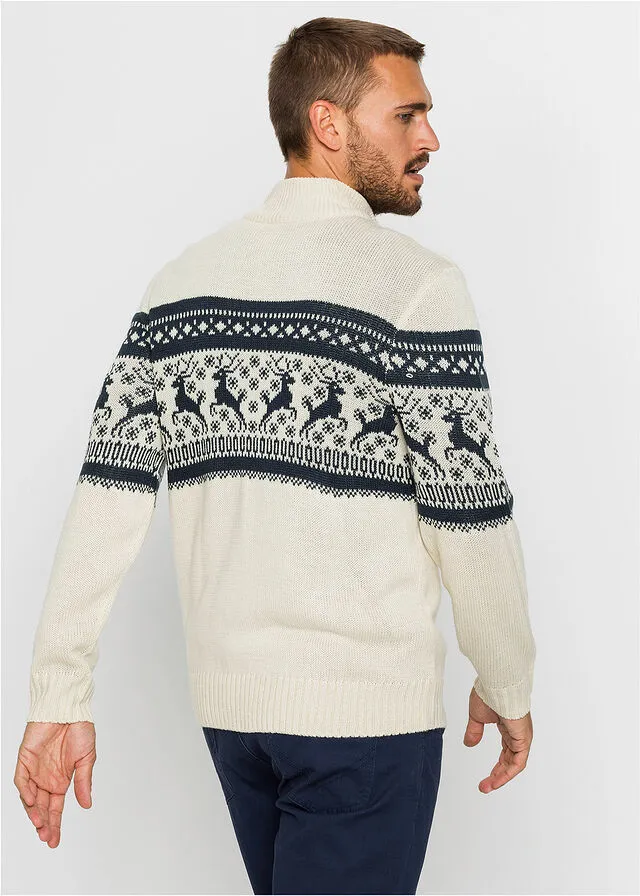 Jersey con cuello troyer y patrón nórdico Crudo estampado