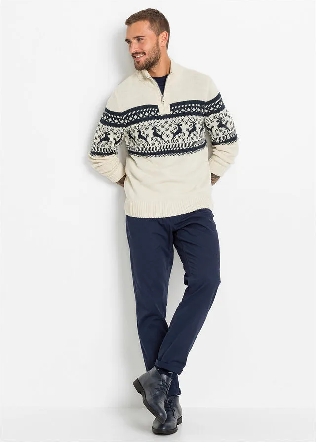 Jersey con cuello troyer y patrón nórdico Crudo estampado