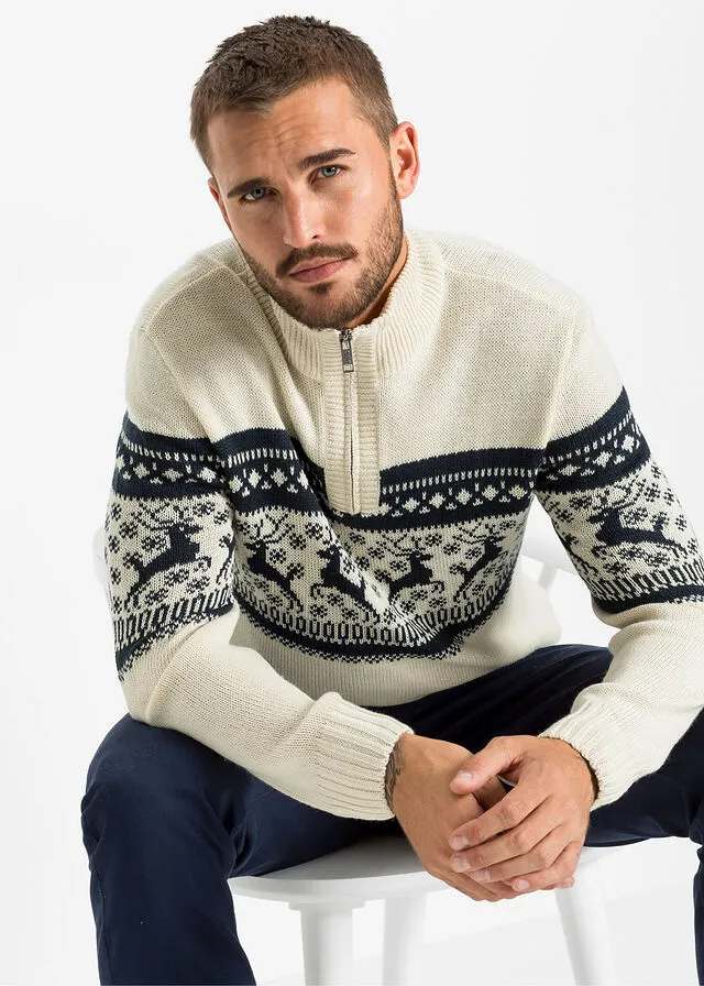 Jersey con cuello troyer y patrón nórdico Crudo estampado