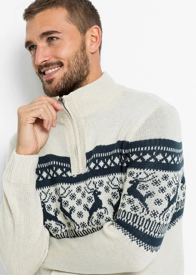 Jersey con cuello troyer y patrón nórdico Crudo estampado