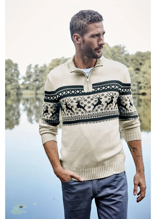 Jersey con cuello troyer y patrón nórdico Crudo estampado