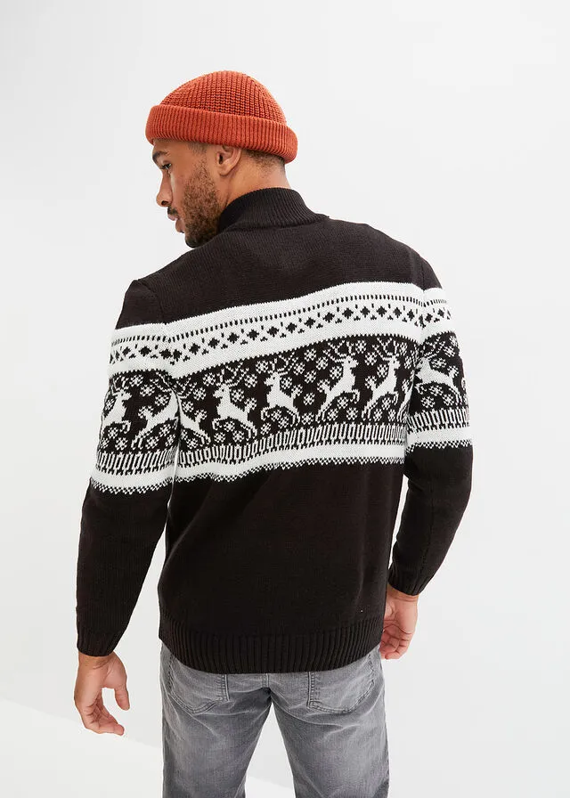Jersey con cuello troyer y patrón nórdico Negro estampado