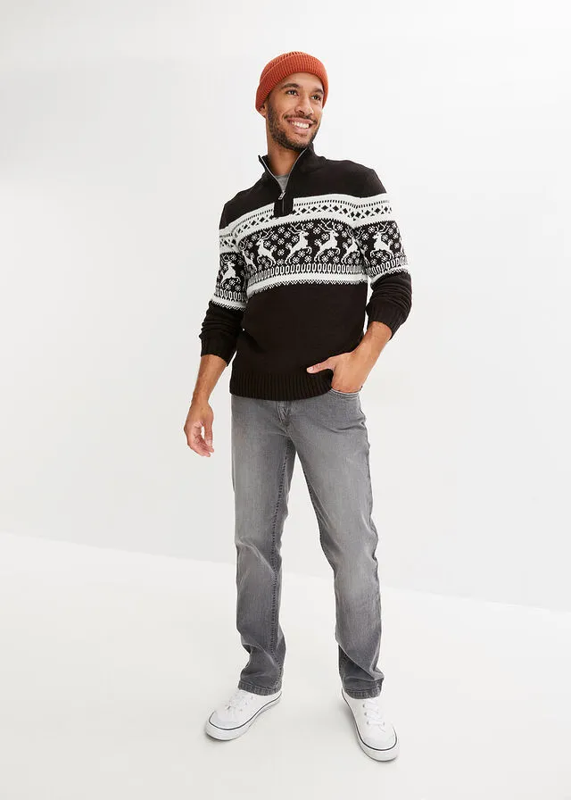 Jersey con cuello troyer y patrón nórdico Negro estampado