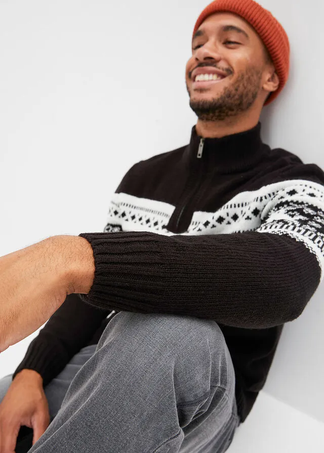Jersey con cuello troyer y patrón nórdico Negro estampado