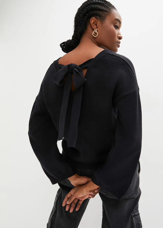 Jersey con detalle de lazo y mangas anchas Negro