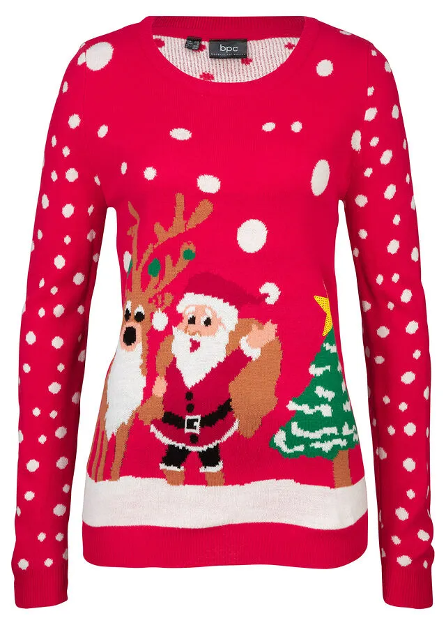 Jersey de punto fino con motivo navideño Rojo estampado