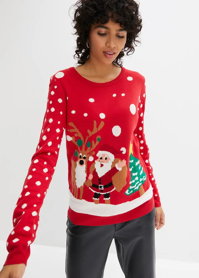 Jersey de punto fino con motivo navideño Rojo estampado