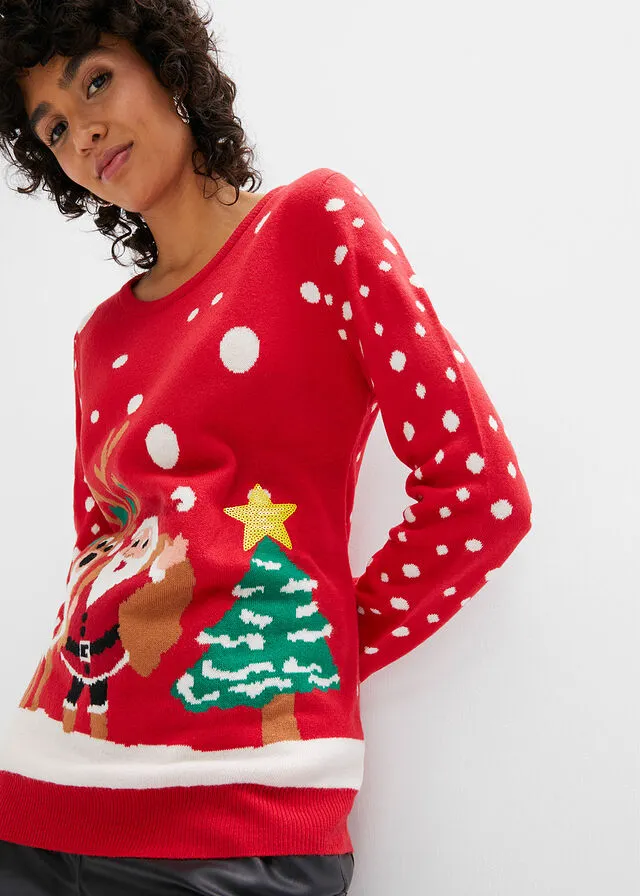 Jersey de punto fino con motivo navideño Rojo estampado