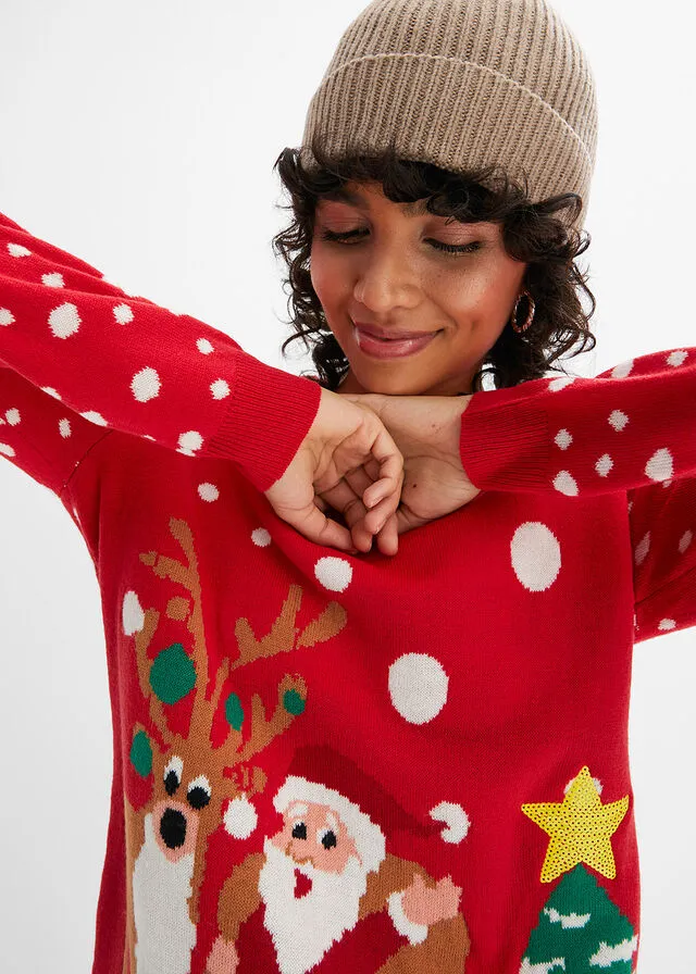 Jersey de punto fino con motivo navideño Rojo estampado