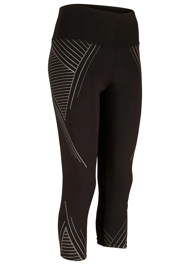 Leggings deportivos moldeadores con bolsillos, largo 3/4 Negro con estampado gráfico