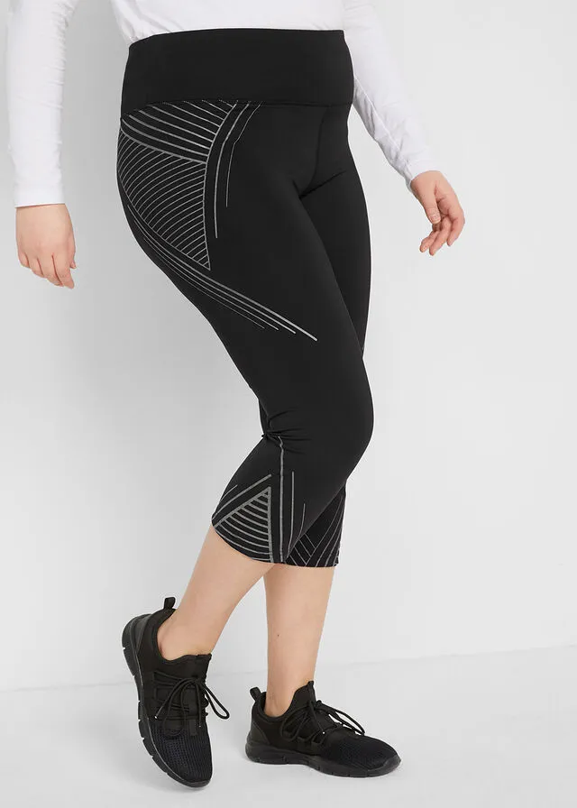Leggings deportivos moldeadores con bolsillos, largo 3/4 Negro con estampado gráfico