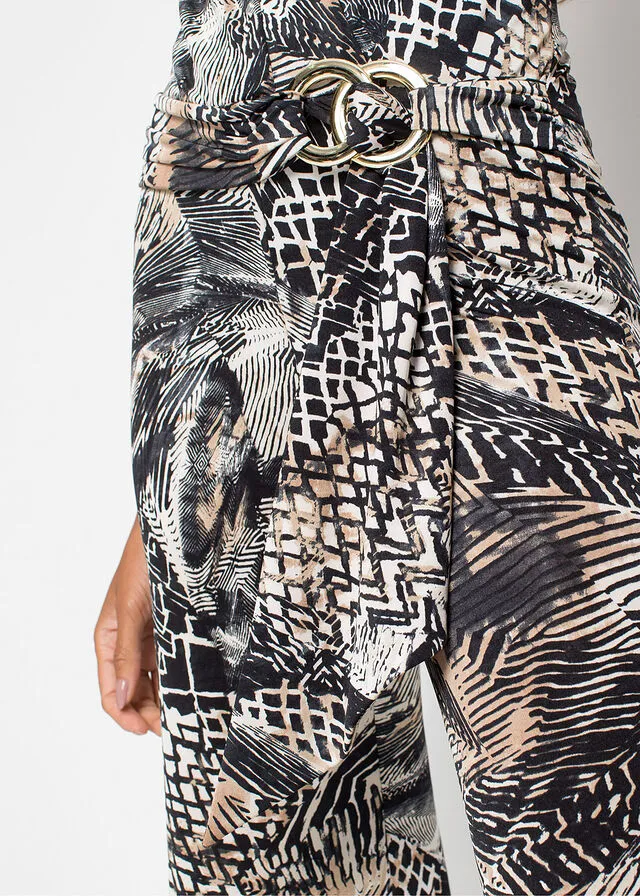 Mono con cinturón Negro/blanco/beige estampado