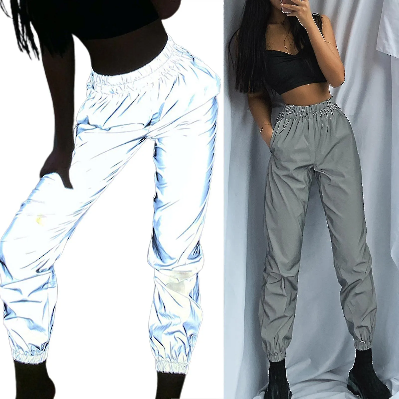 Mujeres Hombres Pantalones Jogger Reflectantes de alta visibilidad Pantalones de chándal rompevientos Elásticos de cintura alta 