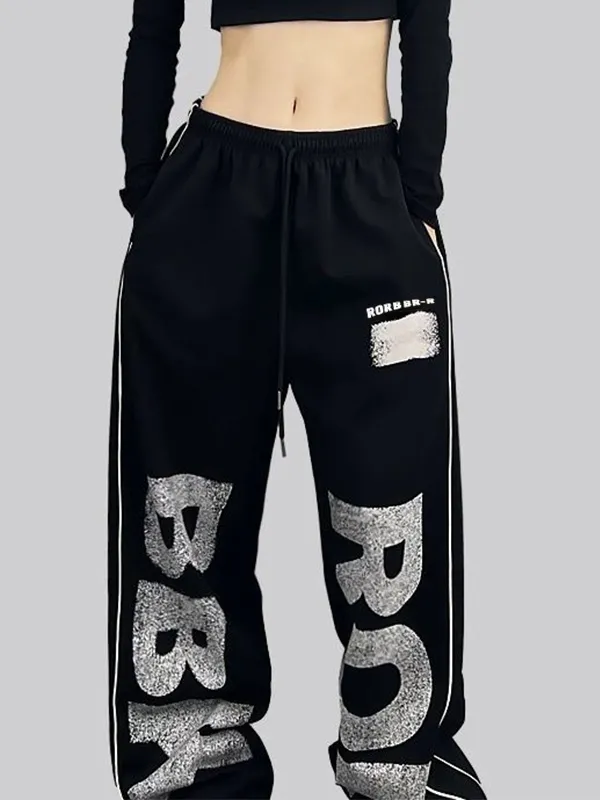 Pantalones deportivos con cordón y estampado de letras Hip Pop