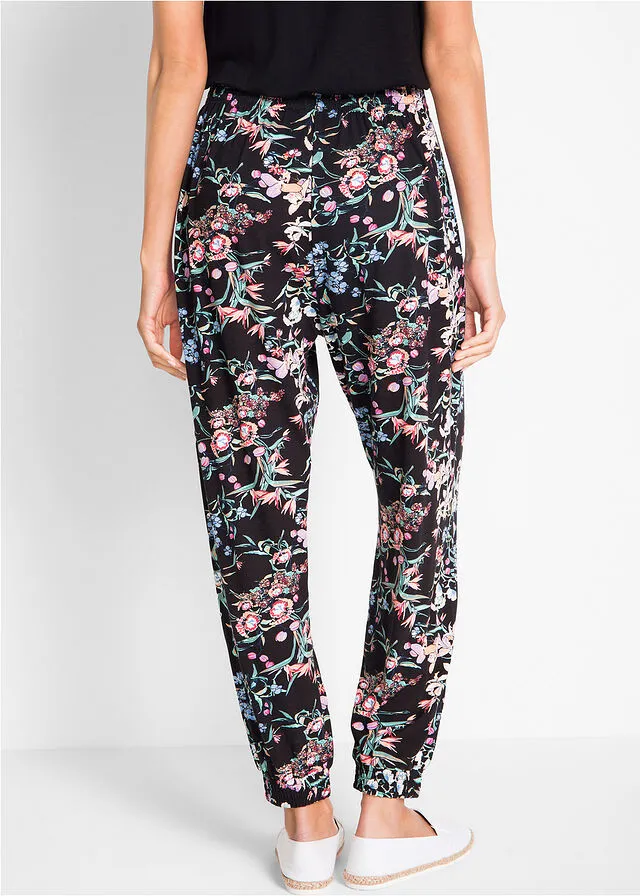 Pantalón bombacho de viscosa sostenible con cintura cómoda Negro con flores