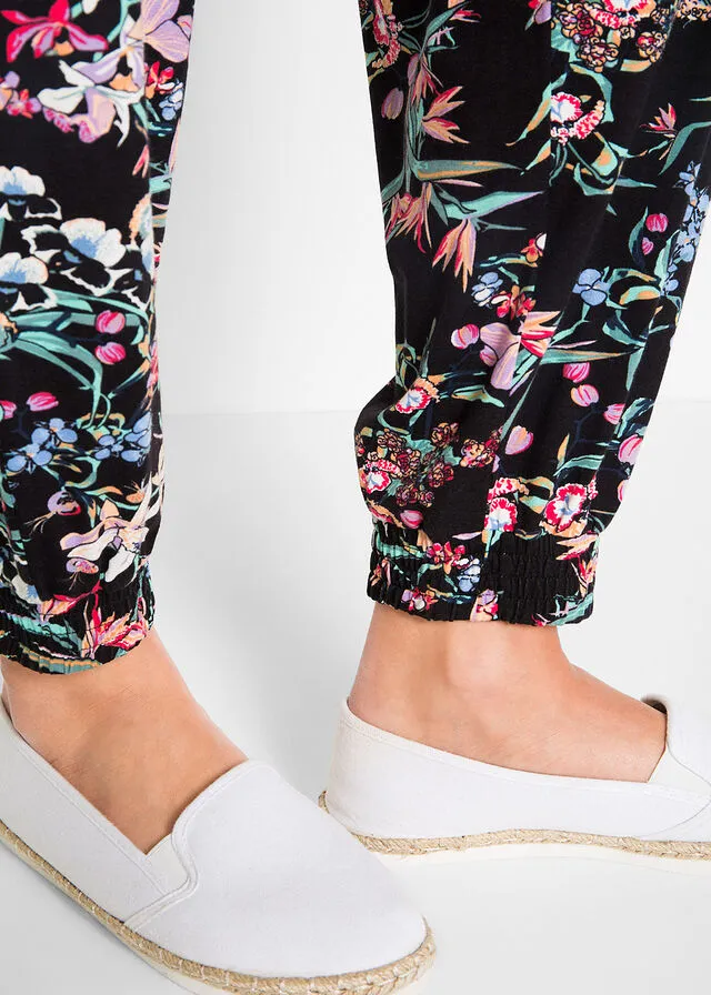 Pantalón bombacho de viscosa sostenible con cintura cómoda Negro con flores