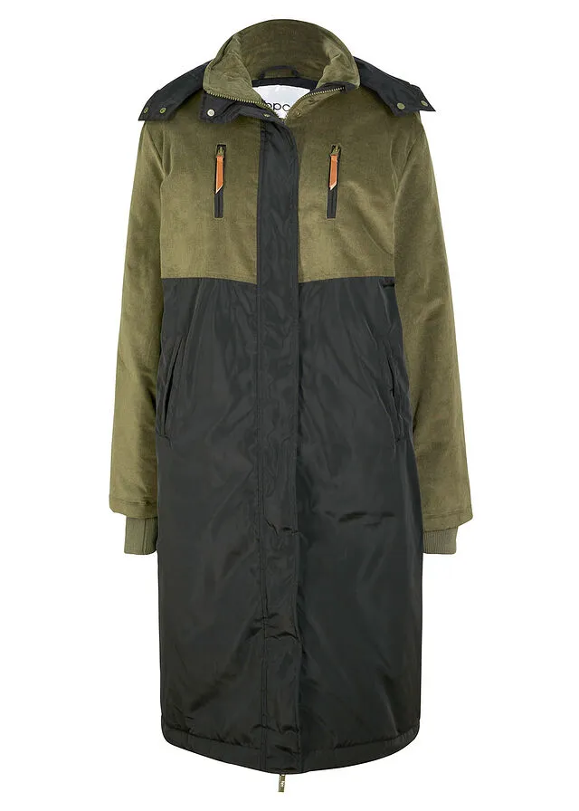 PARKA LARGA CON CAPUCHA Y MEZCLA DE MATERIALES, CORTE RECTO NEGROVERDE OLIVA OSCURO