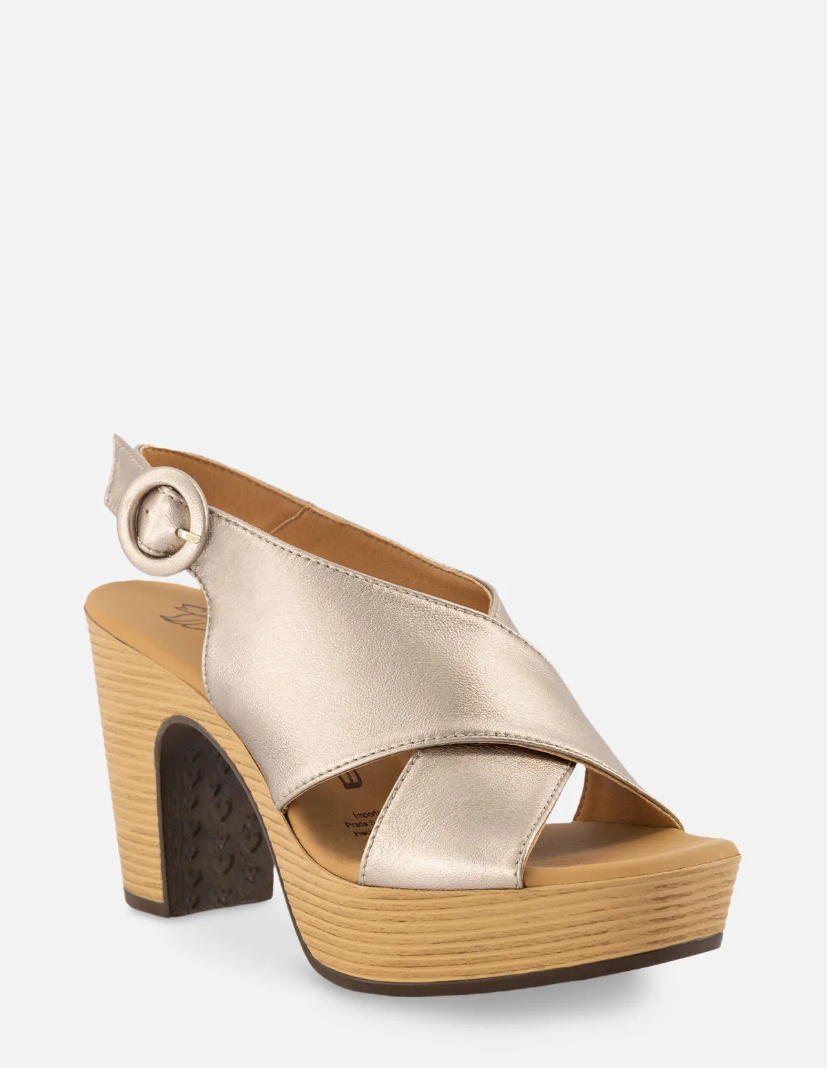 Sandalia de tacón alto en piel metalizada color plateado para mujer