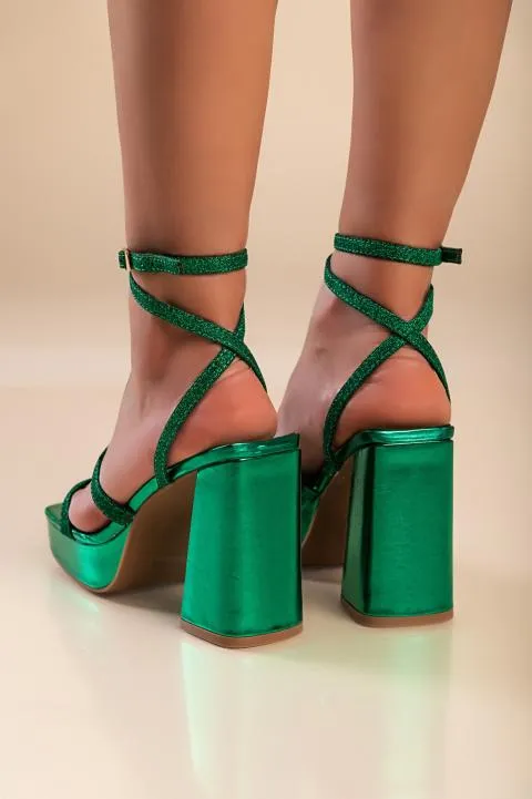 Sandalias de tacón alto y purpurina, color verde