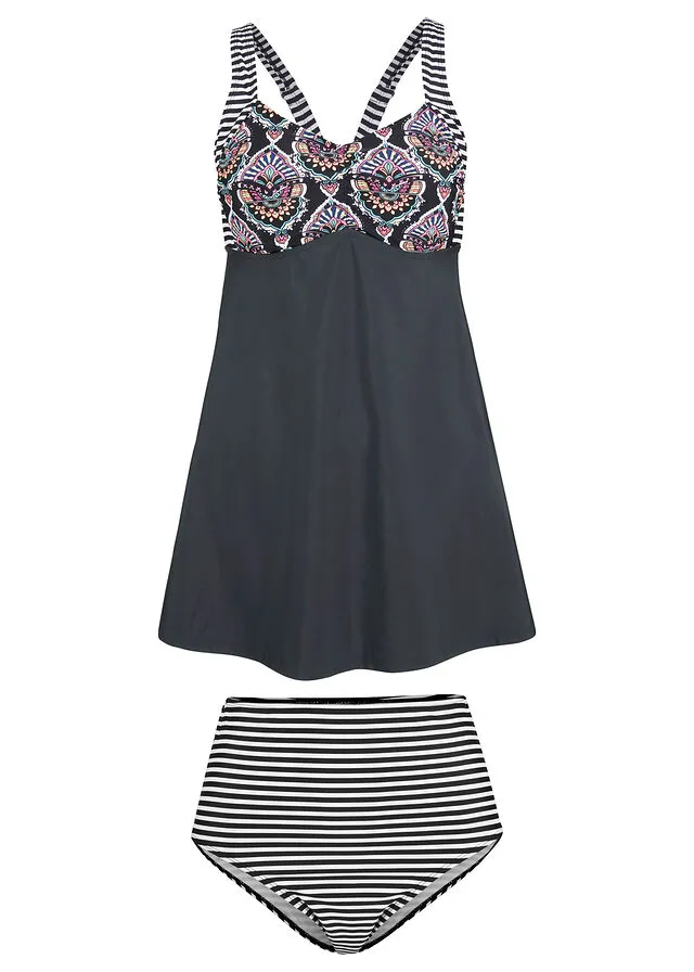 Tankini largo (2 piezas) Negro con estampado gráfico