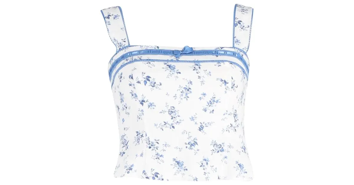 Top corto con estampado floral Eloise de Reformation en lino blanco 
