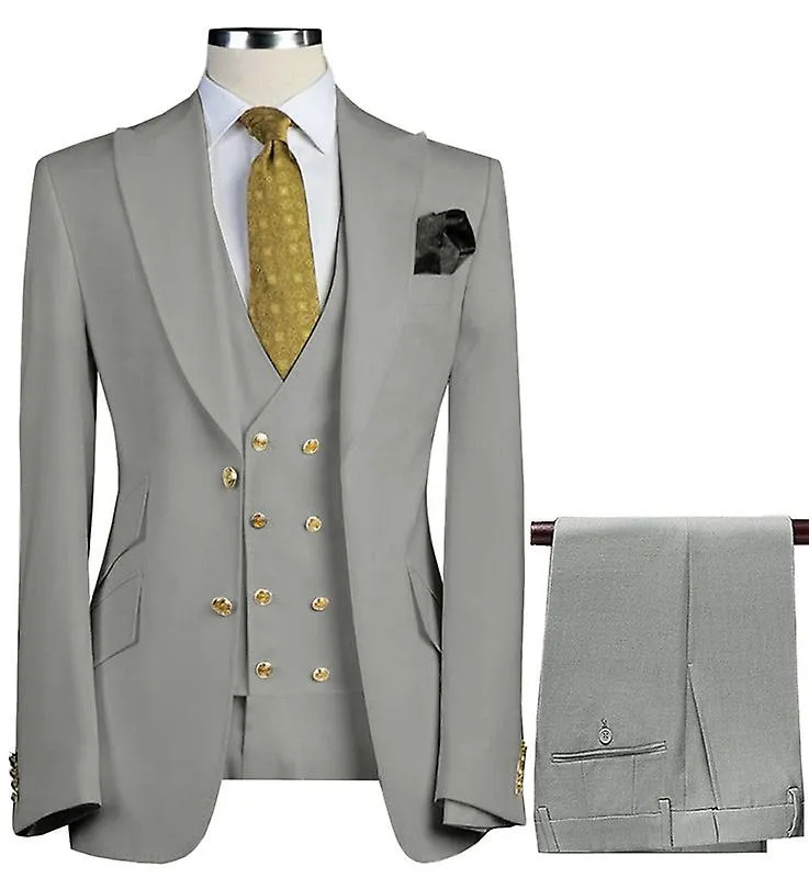 Traje de vestir elegante de 3 piezas para hombre, chaqueta formal de boda de ajuste clásico, chaleco y pantalones gris