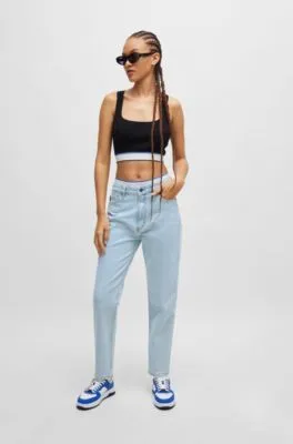 Vaqueros estilo mom en denim elástico color aguamarina