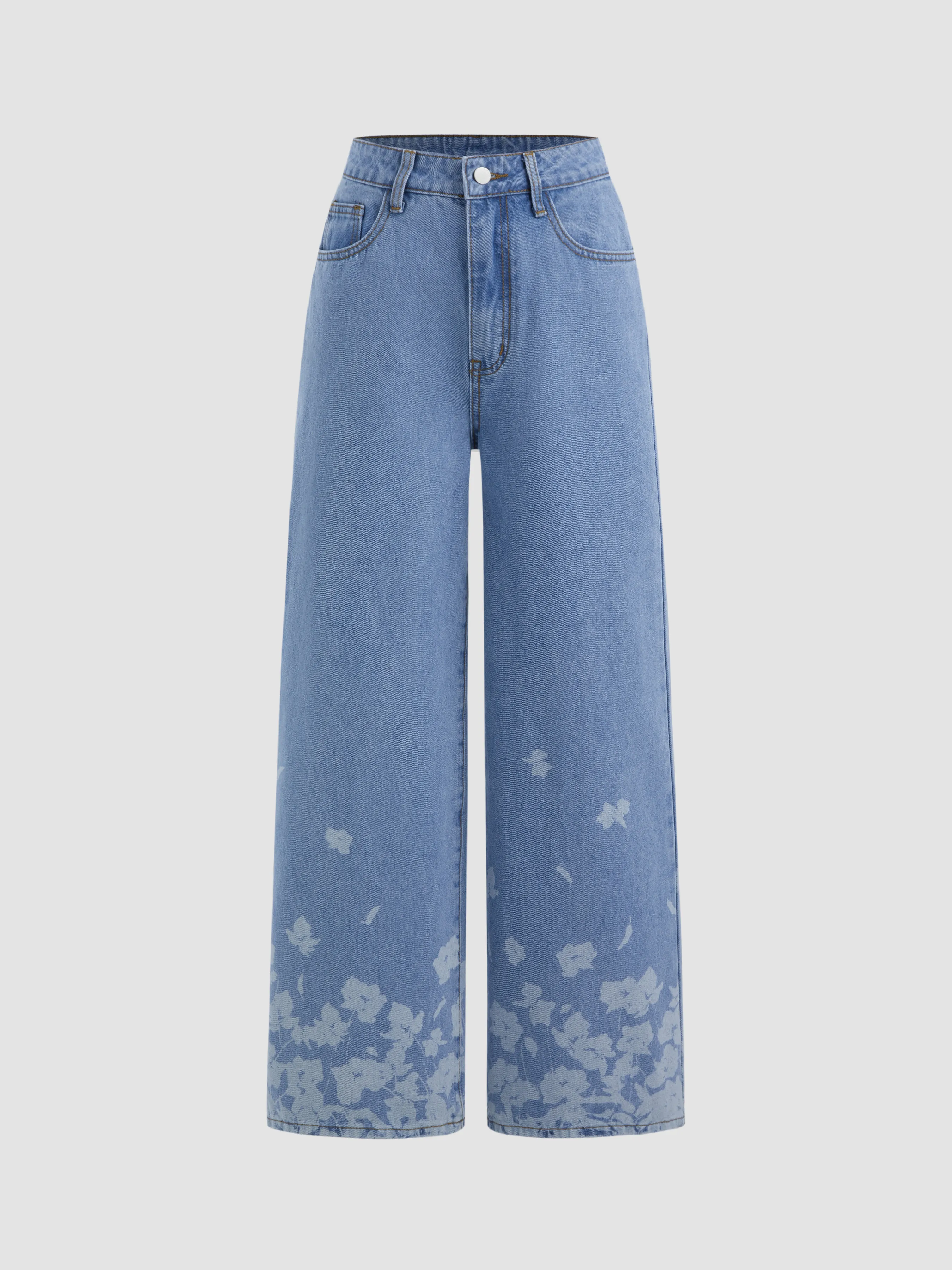  Vaqueros Rectos de Tiro Medio con Flores de Denim