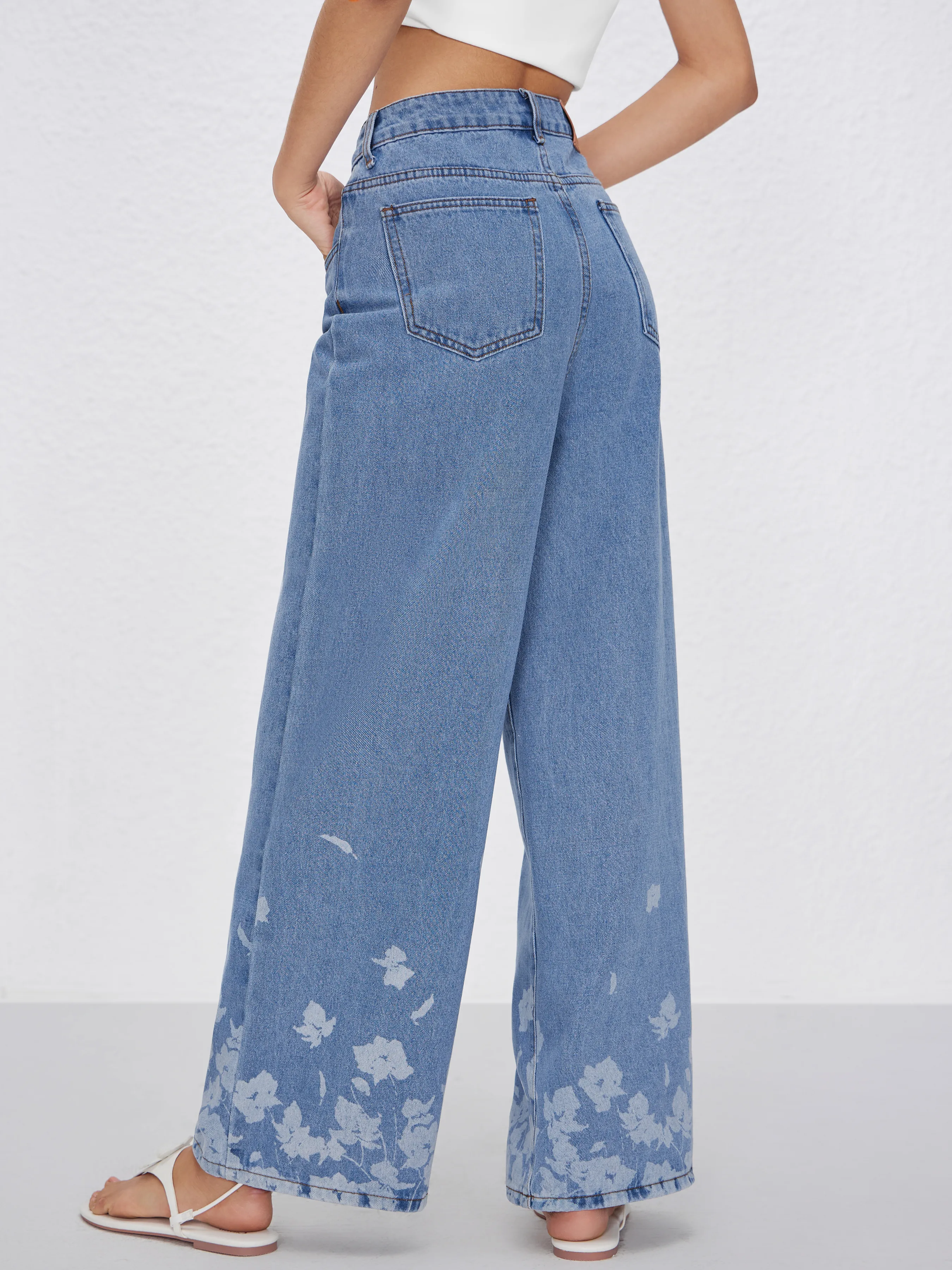  Vaqueros Rectos de Tiro Medio con Flores de Denim