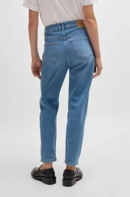 Vaqueros tobilleros de talle alto en cómodo denim elástico azul