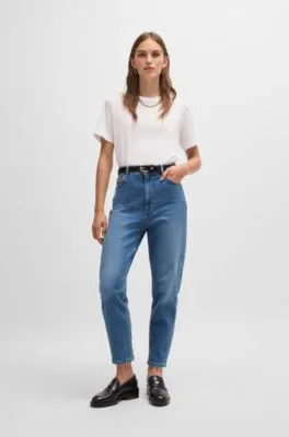 Vaqueros tobilleros de talle alto en cómodo denim elástico azul