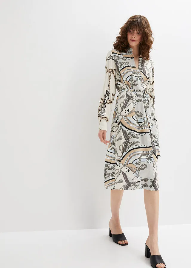 VESTIDO CAMISERO CON CINTURóN BLANCO CREMANEGROBEIGE ESTAMPADO