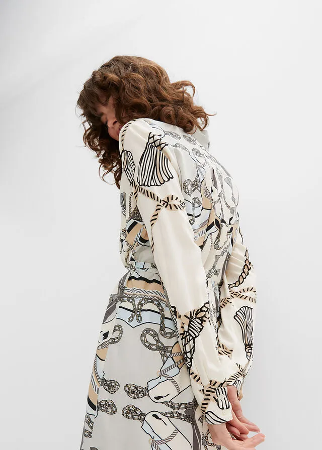 VESTIDO CAMISERO CON CINTURóN BLANCO CREMANEGROBEIGE ESTAMPADO