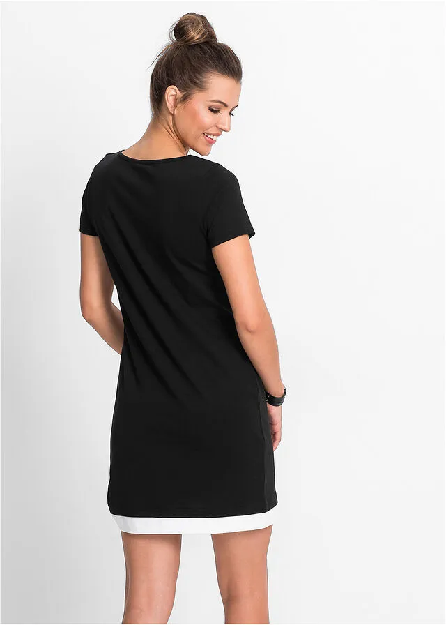 Vestido camisero con estampado y manga corta Negro