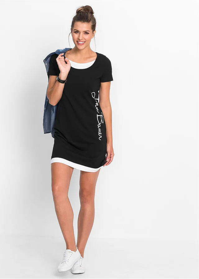 Vestido camisero con estampado y manga corta Negro