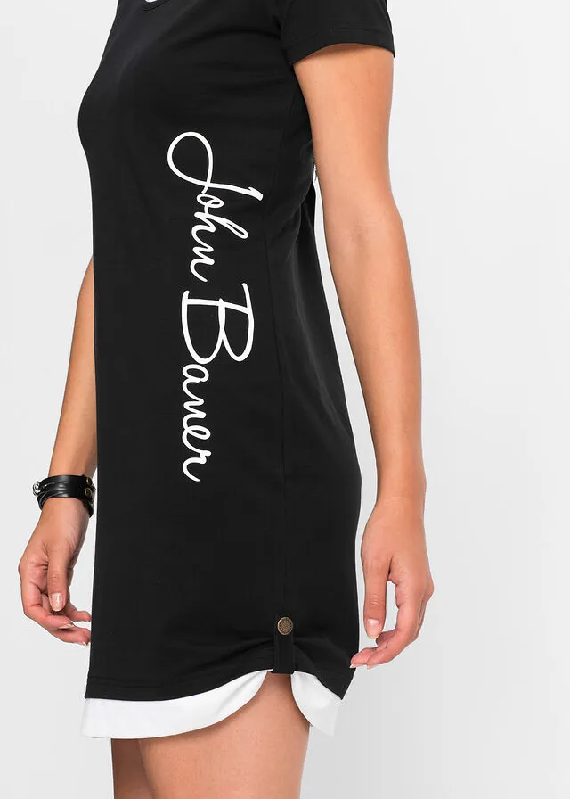 Vestido camisero con estampado y manga corta Negro