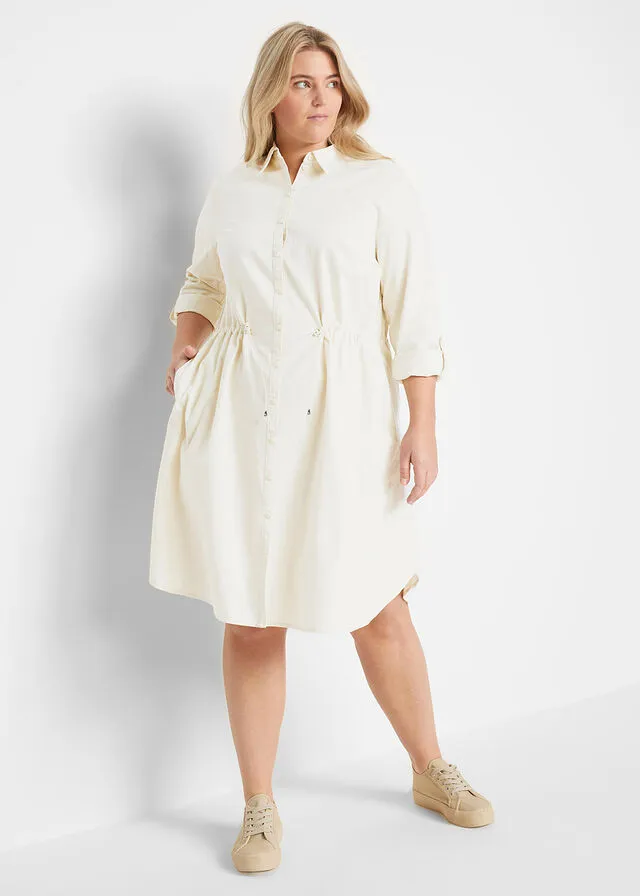 Vestido camisero con lino, goma elástica en la cintura, estilo militar y largo hasta la rodilla Negro