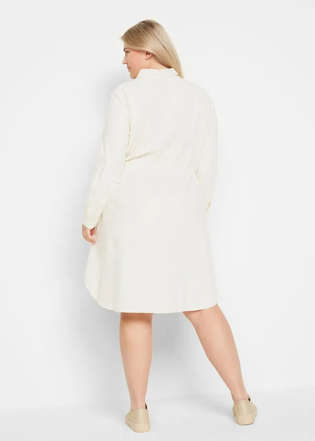 Vestido camisero con lino, goma elástica en la cintura, estilo militar y largo hasta la rodilla Negro
