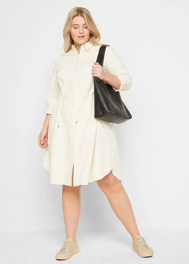 Vestido camisero con lino, goma elástica en la cintura, estilo militar y largo hasta la rodilla Negro