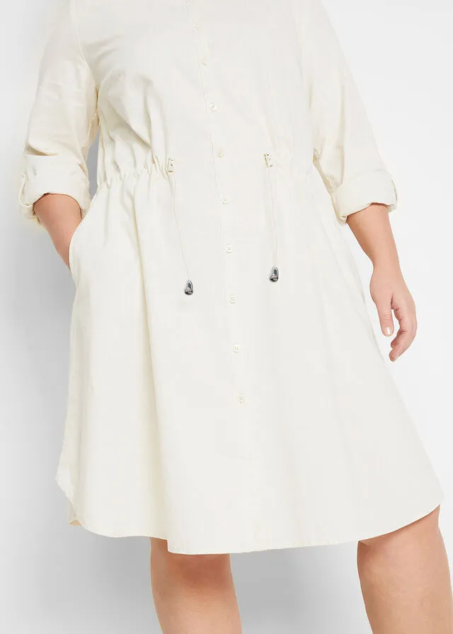 Vestido camisero con lino, goma elástica en la cintura, estilo militar y largo hasta la rodilla Negro