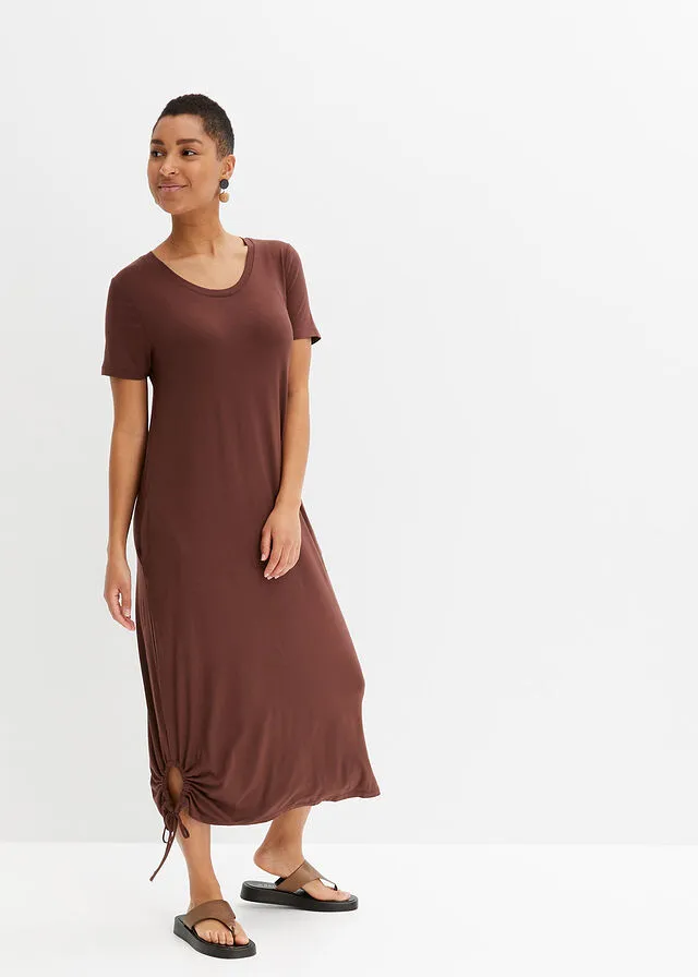 Vestido camisero midi con bolsillos laterales y detalle fruncido Marrón tierra