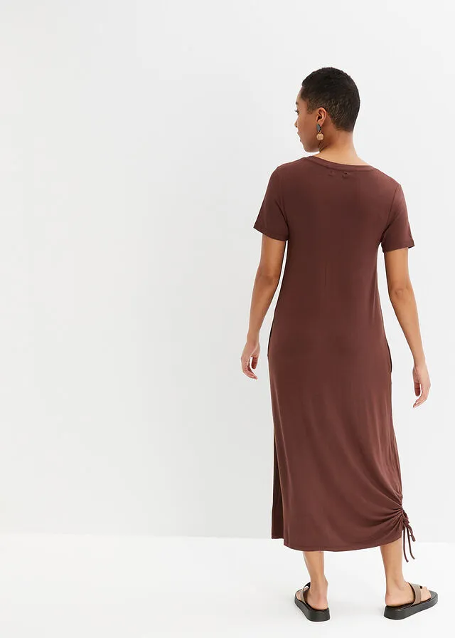 Vestido camisero midi con bolsillos laterales y detalle fruncido Marrón tierra