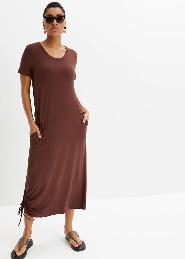 Vestido camisero midi con bolsillos laterales y detalle fruncido Marrón tierra