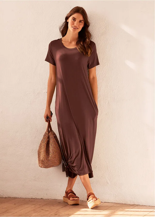 Vestido camisero midi con bolsillos laterales y detalle fruncido Marrón tierra