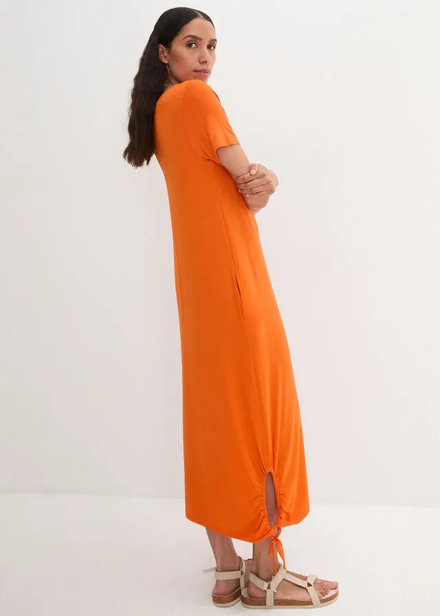 Vestido camisero midi con bolsillos laterales y detalle fruncido Naranja cálido