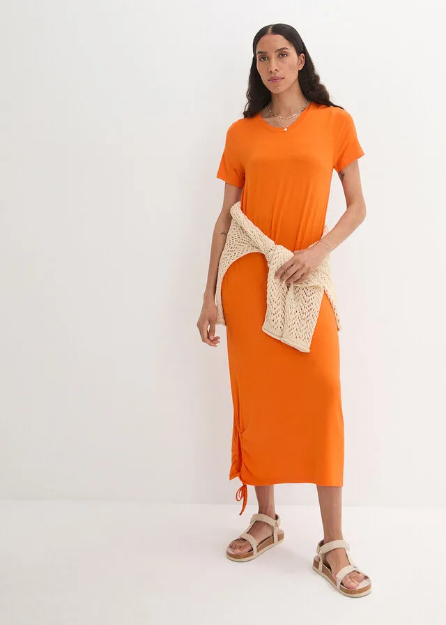 Vestido camisero midi con bolsillos laterales y detalle fruncido Naranja cálido
