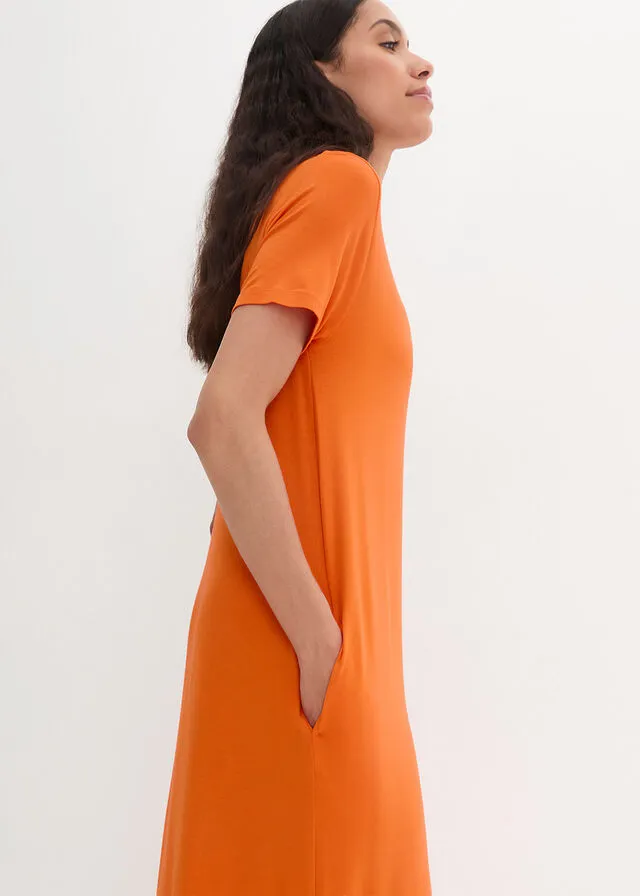 Vestido camisero midi con bolsillos laterales y detalle fruncido Naranja cálido