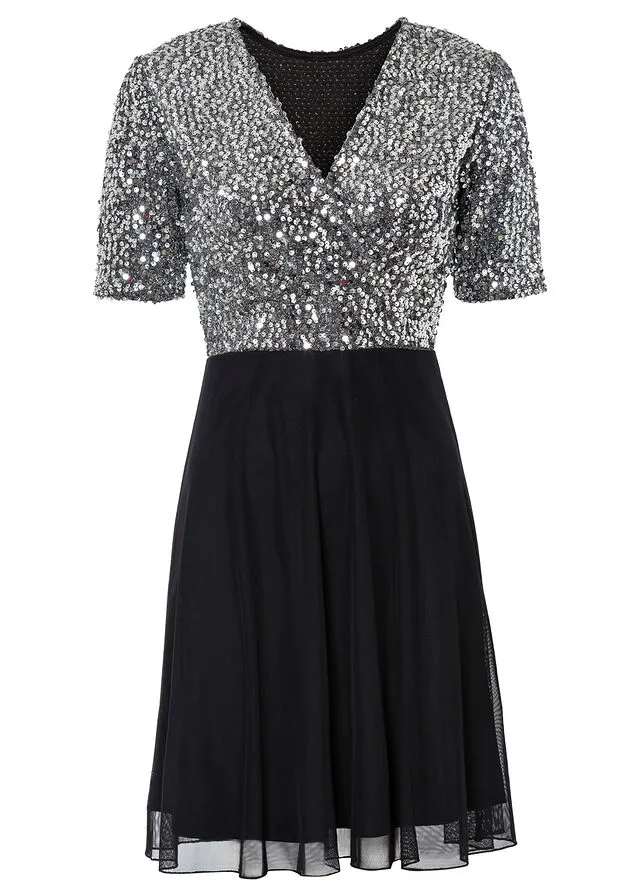 VESTIDO CON LENTEJUELAS PLATEADONEGRO